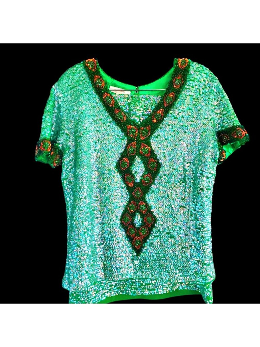 Vintage 60s Sequin Beaded Green Skirt Set Size L 60s Never Worn